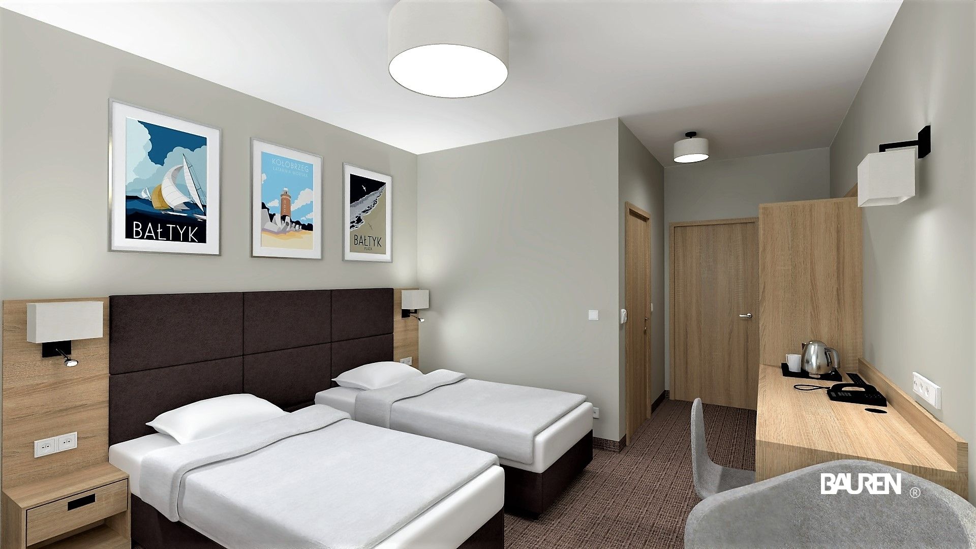 Projekt przedstawia pokój w części noclegowej w Hotelu*** NAT w Kołobrzegu. Projekt wykonany został przez biuro projektowe BAUREN w Rybniku