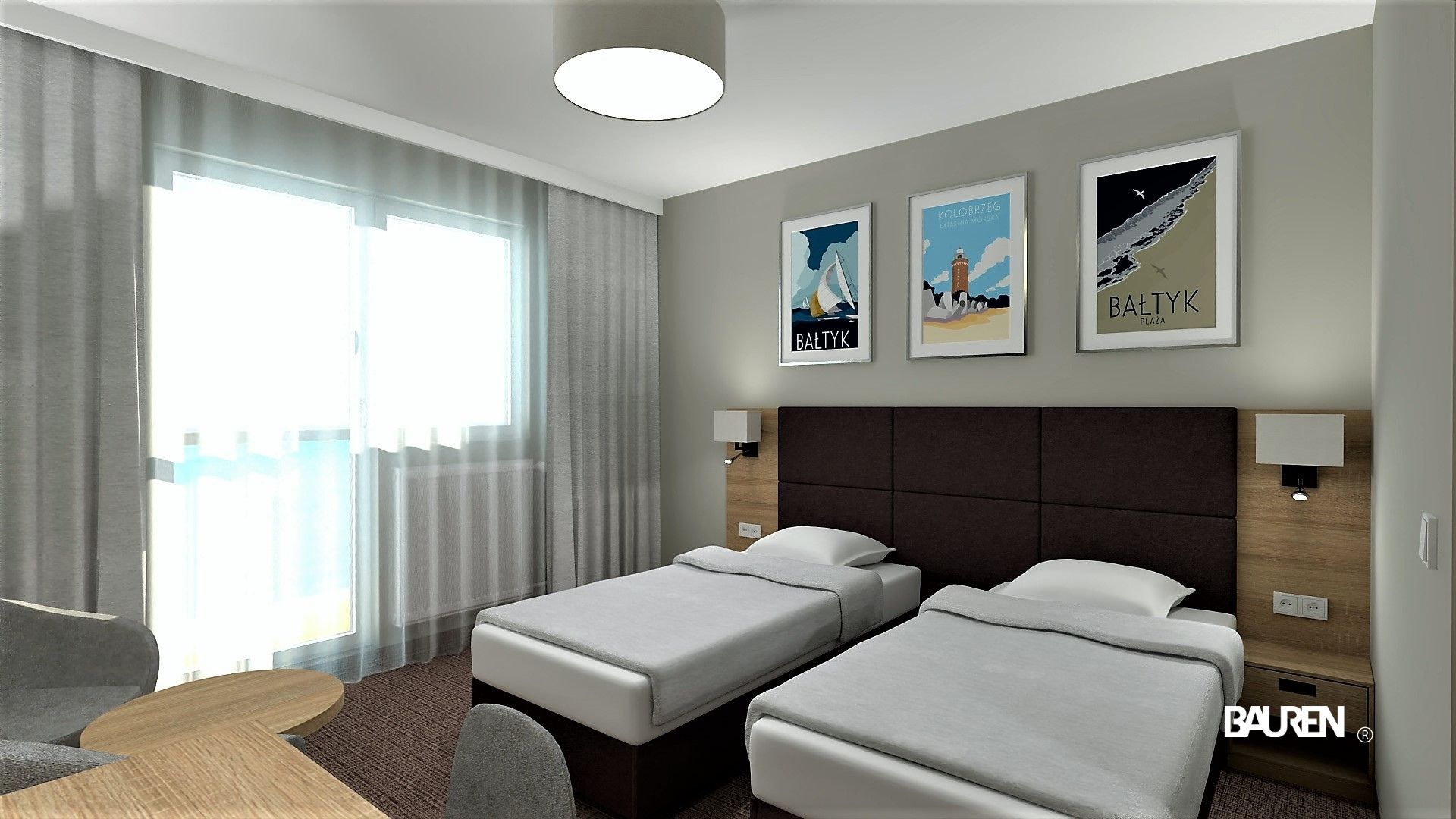 Projekt przedstawia pokój w części noclegowej w Hotelu*** NAT w Kołobrzegu. Projekt wykonany został przez biuro projektowe BAUREN w Rybniku